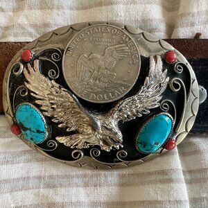 Vintage Metal Belt Buckle, Silver, Turquoise Stones, Silver Dollar, Leather Belt